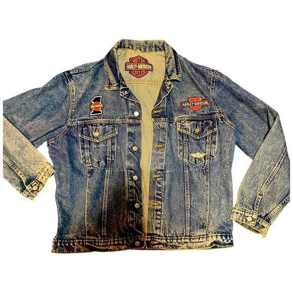 VNTG HARLEY DAVIDSON TRUCKER JACKET W/PATCHES & PINS MADE IN THE USA Acid washed - Picture 4 of 16